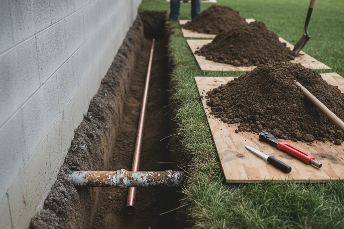 Excavated water line trench during Water Heater Repair in Summit Hill
